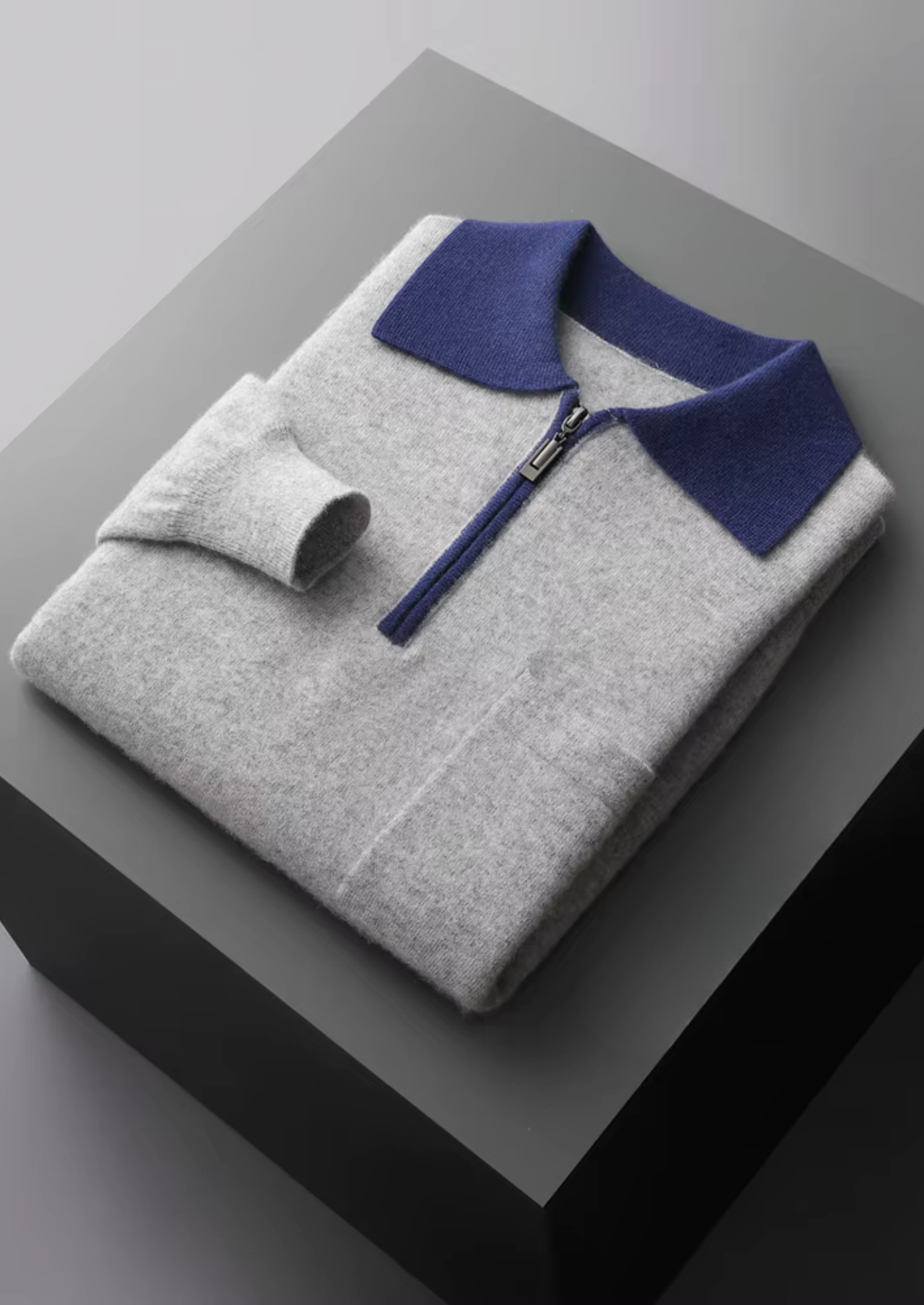 Cashmere Two-Tone Zipper Polo Shirt for Men - Luxurious Knitwear