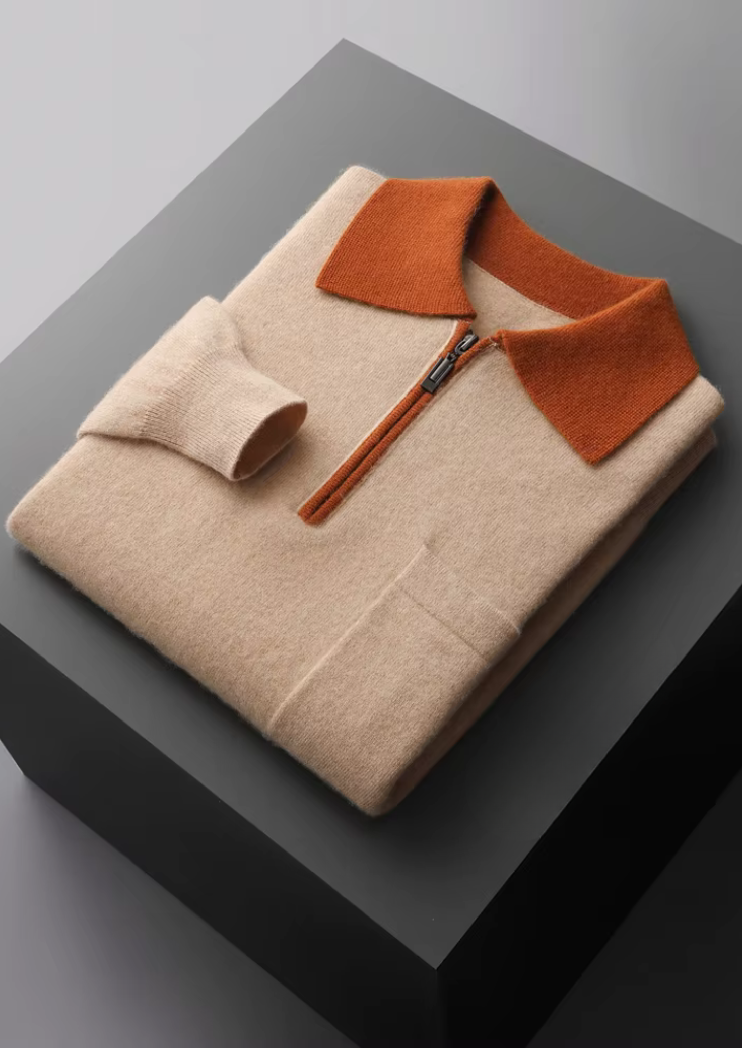 Cashmere Two-Tone Zipper Polo Shirt for Men - Luxurious Knitwear