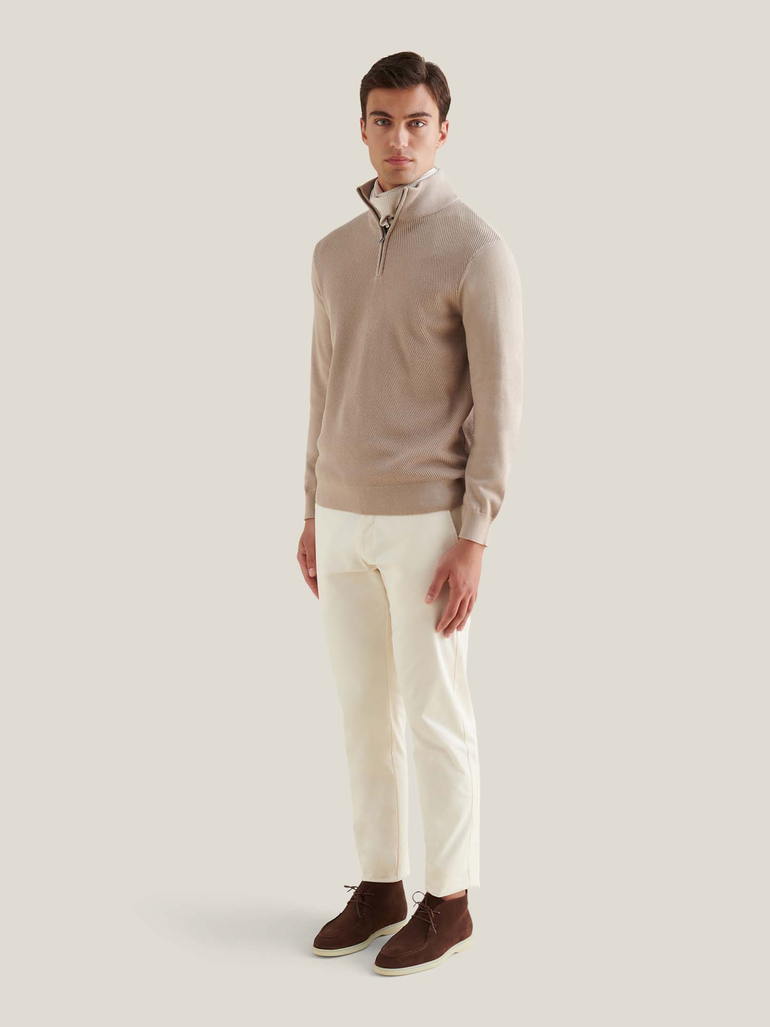 Cotton Blend Rib Knit ¼ Zip Pullover for Casual Wear in Simply Taupe
