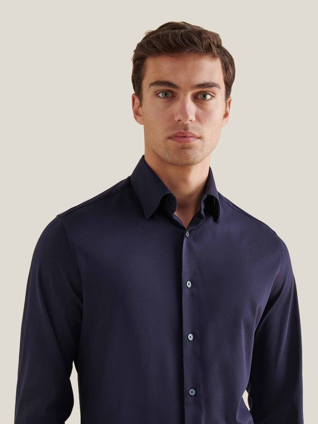 Dark Sapphire Navy Jersey Hidden-Button Shirt for Casual Wear