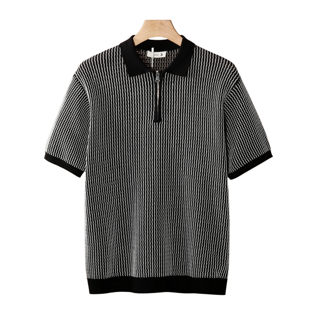 Geometric Textured Zipper Polo Shirt for Men - Casual Wear, Short Sleeve