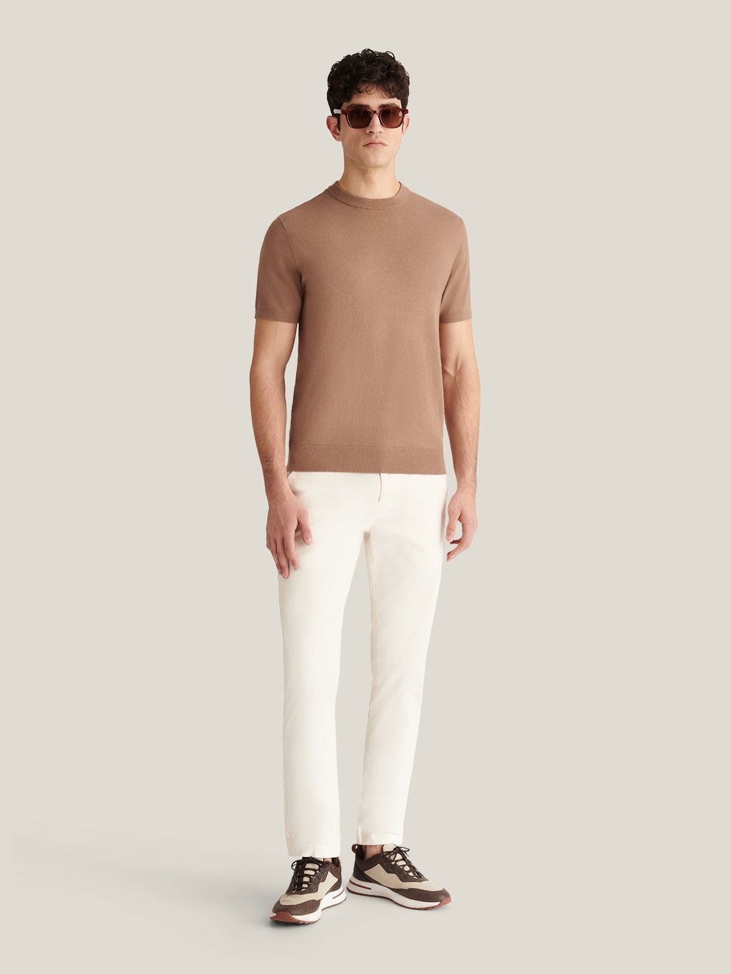 Knitted T-Shirt in Caribou Color - Soft Cotton Casual Wear for Everyday Use