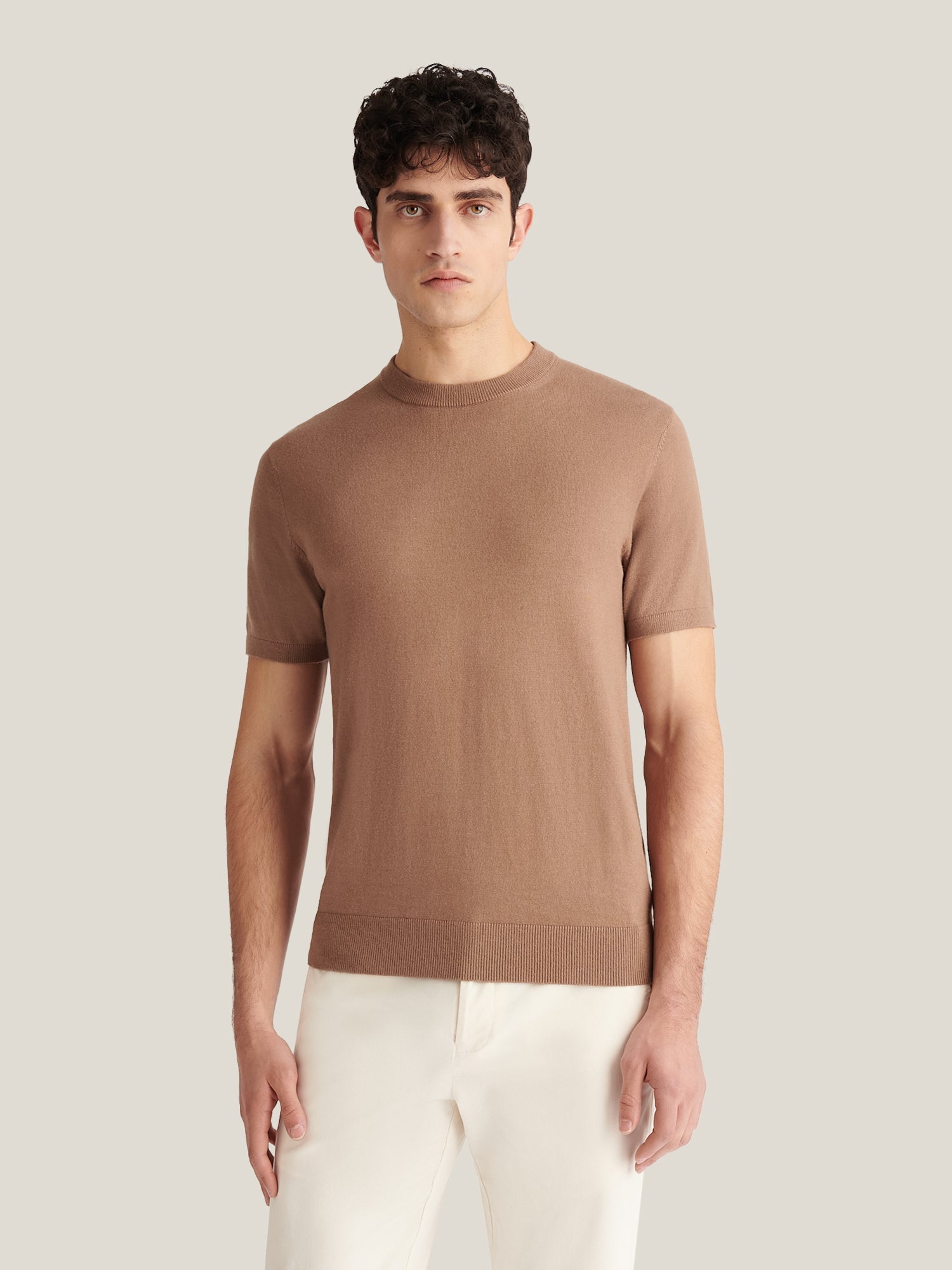 Knitted T-Shirt in Caribou Color - Soft Cotton Casual Wear for Everyday Use