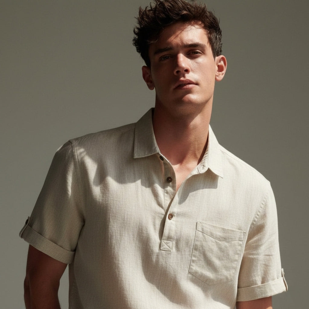 Linen Polo Shirt for Men - Casual Short Sleeve Top for Warm Weather Wear