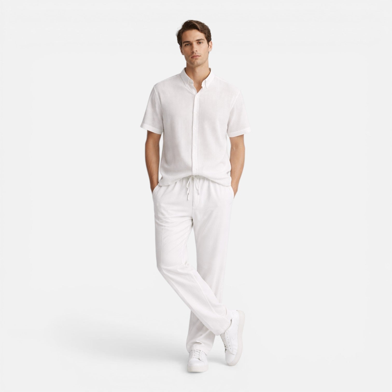 Men's Casual Short Sleeve Shirt and Pants Set - Lightweight Cotton Outfit
