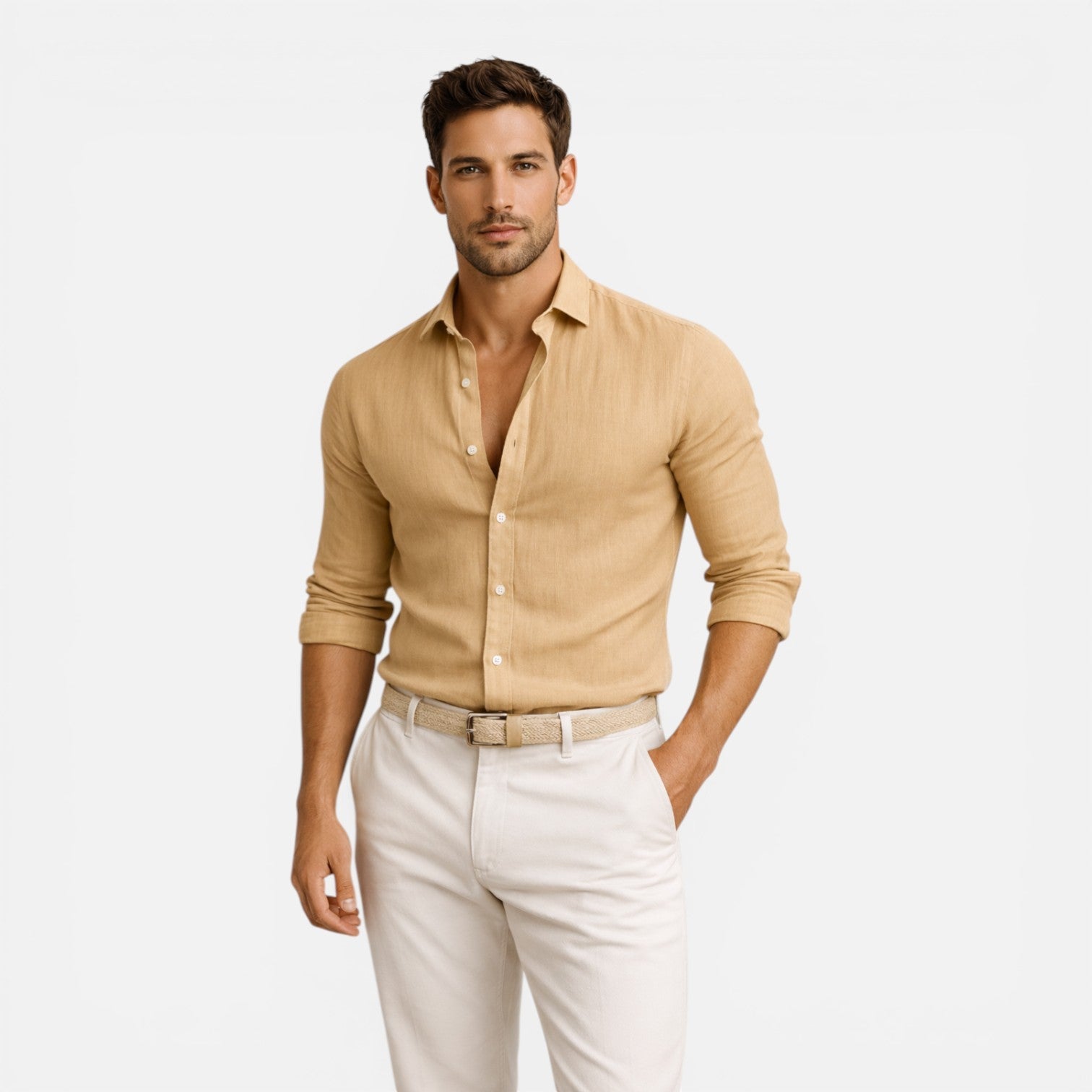 Men's Slim Fit Linen Cotton Blend Button Down Shirt - Breathable Casual Wear