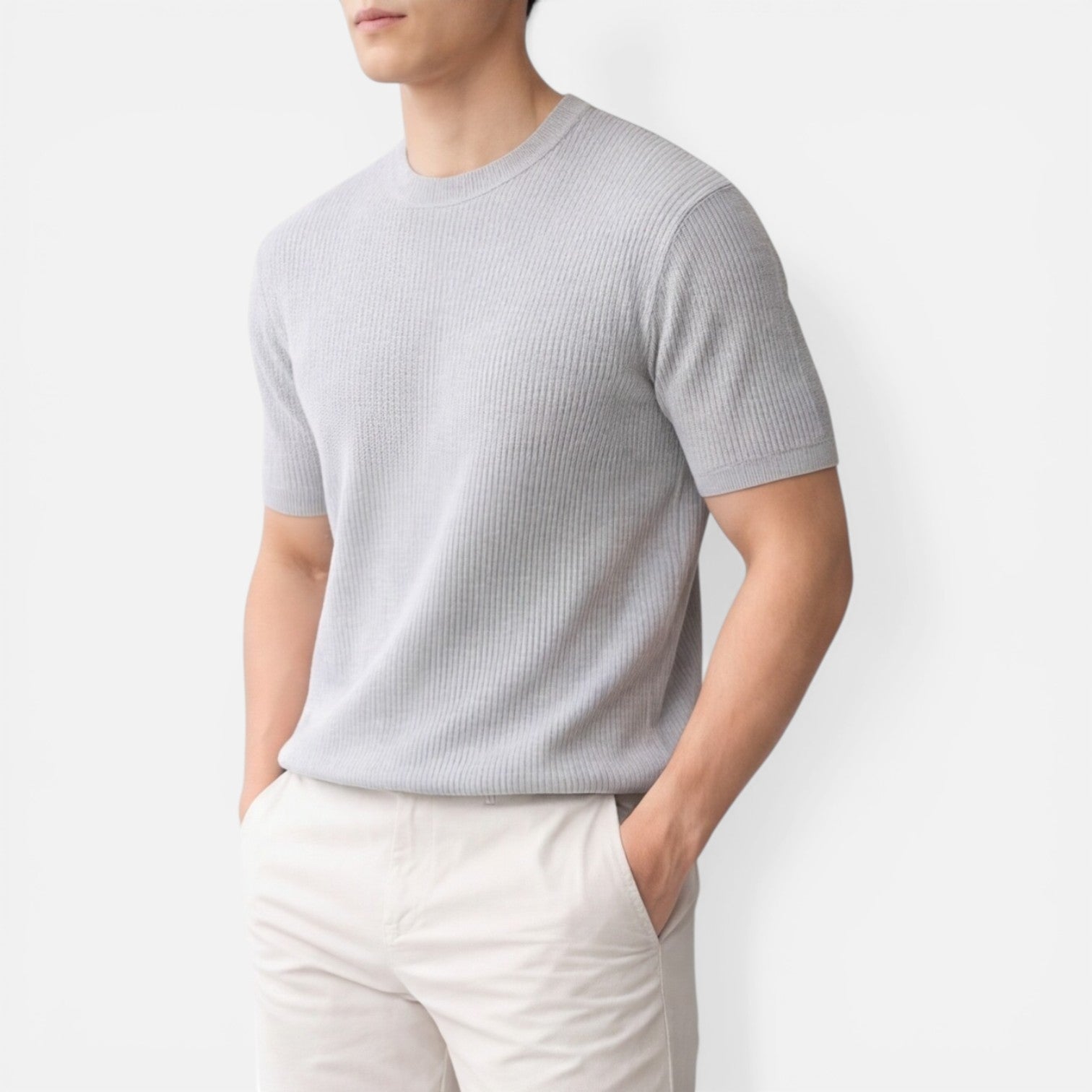 Men's Slim Fit Ribbed Knit Lightweight Summer T-Shirt - Casual Wear Top