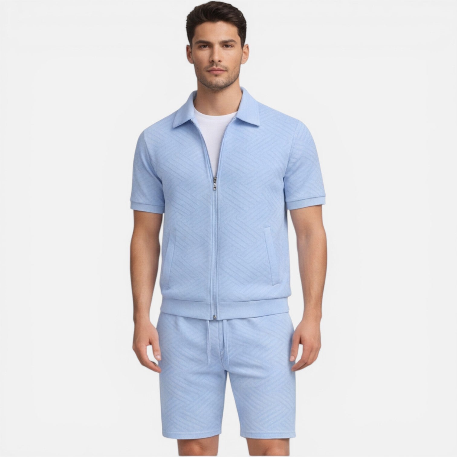 Men's Slim Fit Summer Matching Set - Zip Shirt & Drawstring Shorts