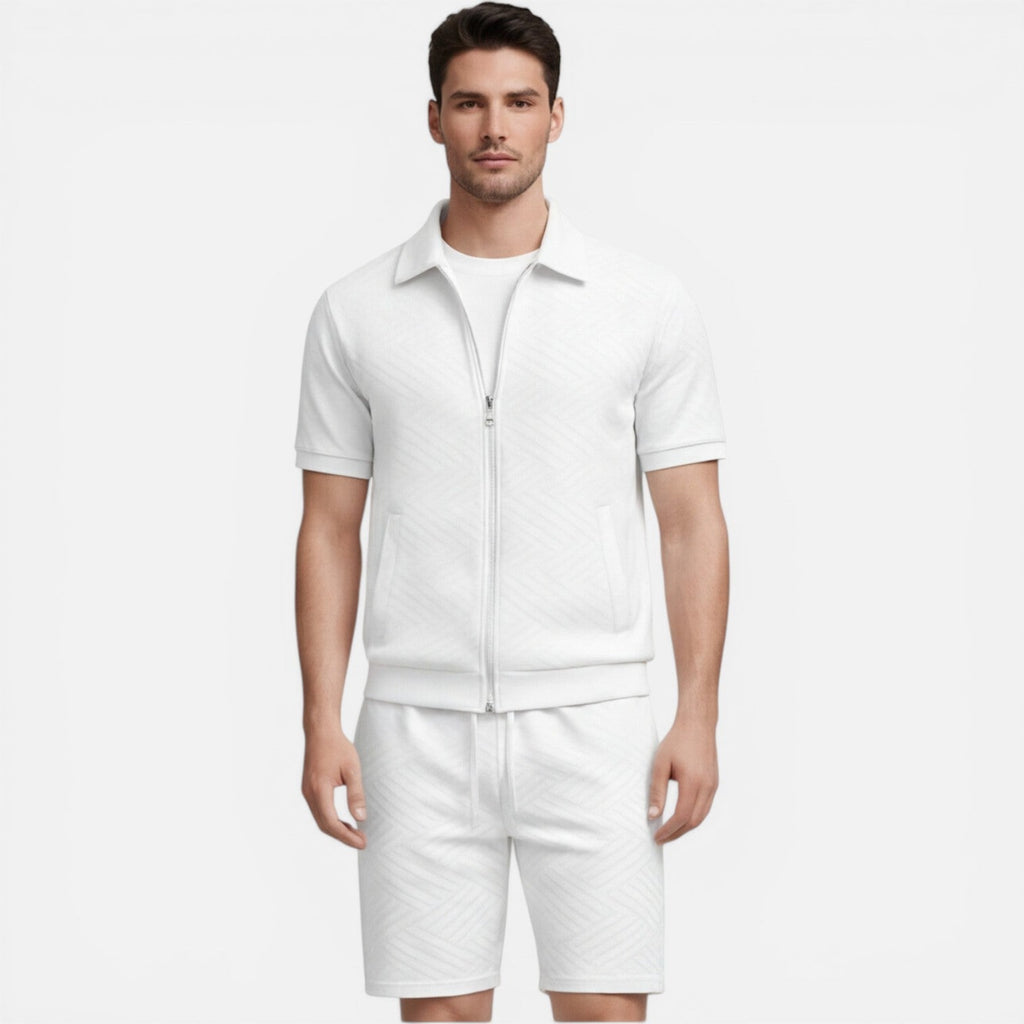 Men's Slim Fit Summer Matching Set - Zip Shirt & Drawstring Shorts