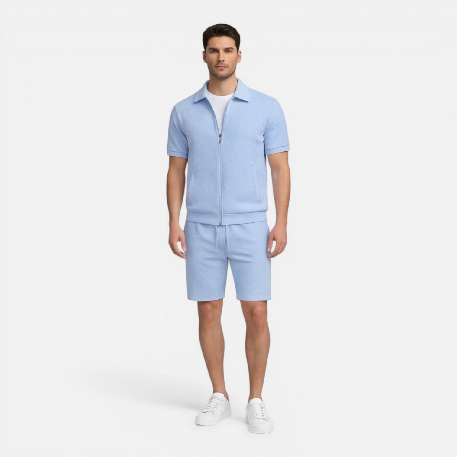 Men's Slim Fit Summer Matching Set - Zip Shirt & Drawstring Shorts