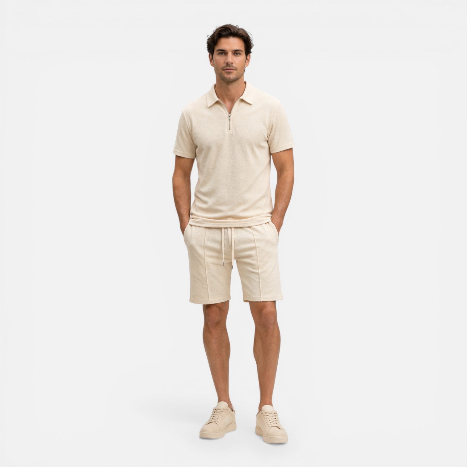 Men's Textured Zip Polo and Shorts Set - Summer Casual Co-Ord Outfit