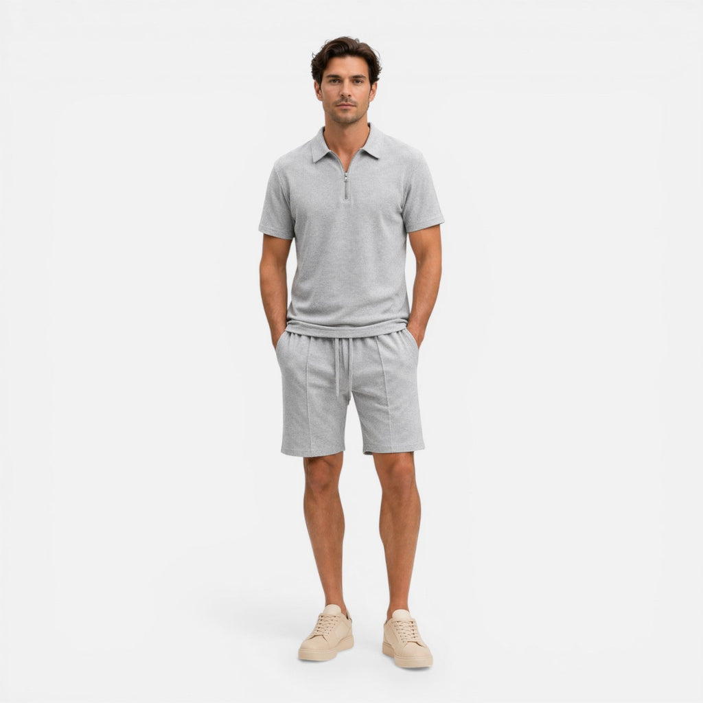 Men's Textured Zip Polo and Shorts Set - Summer Casual Co-Ord Outfit