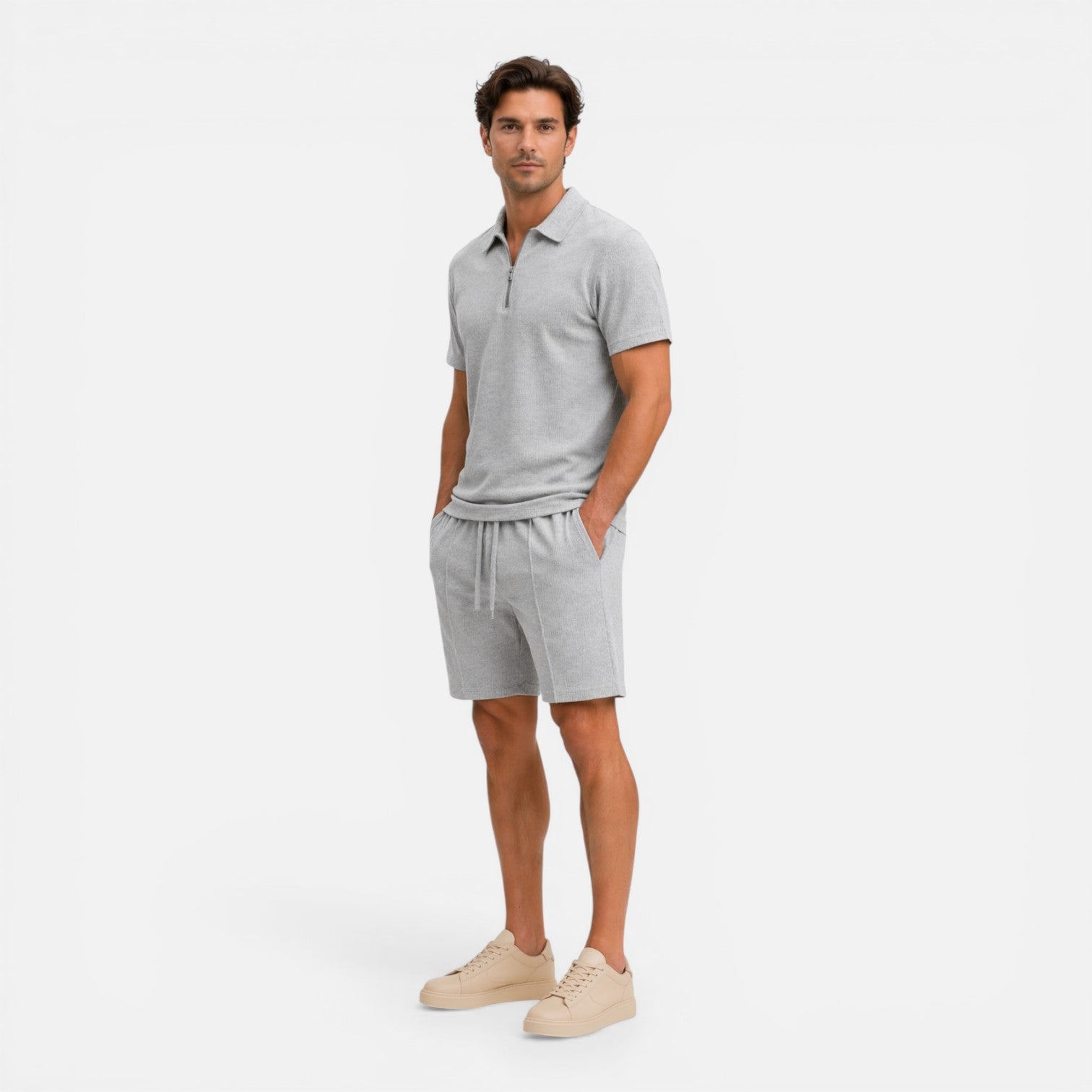 Men's Textured Zip Polo and Shorts Set - Summer Casual Co-Ord Outfit