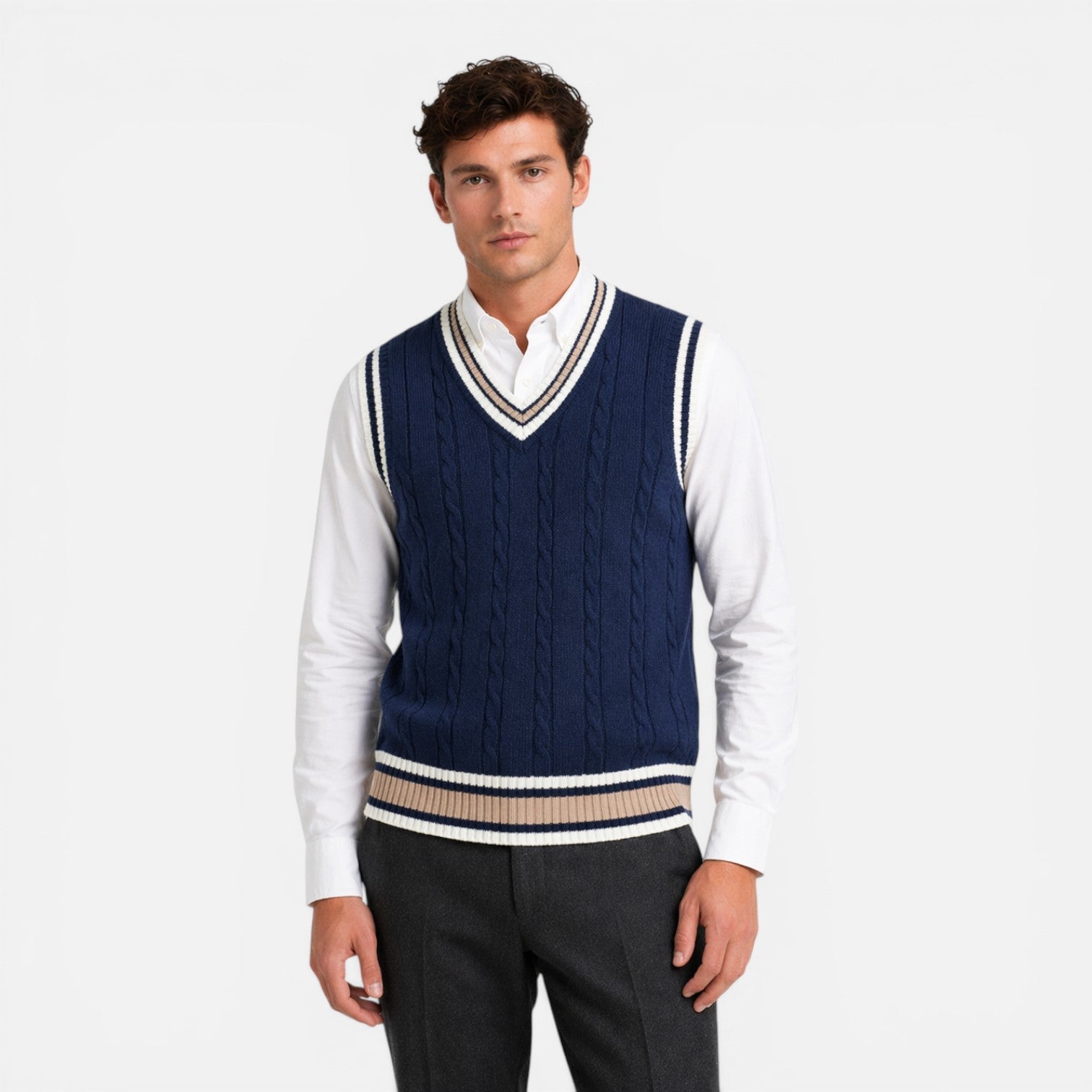 Men's Wool Cable Knit V Neck Sweater Vest for Business Casual Wear