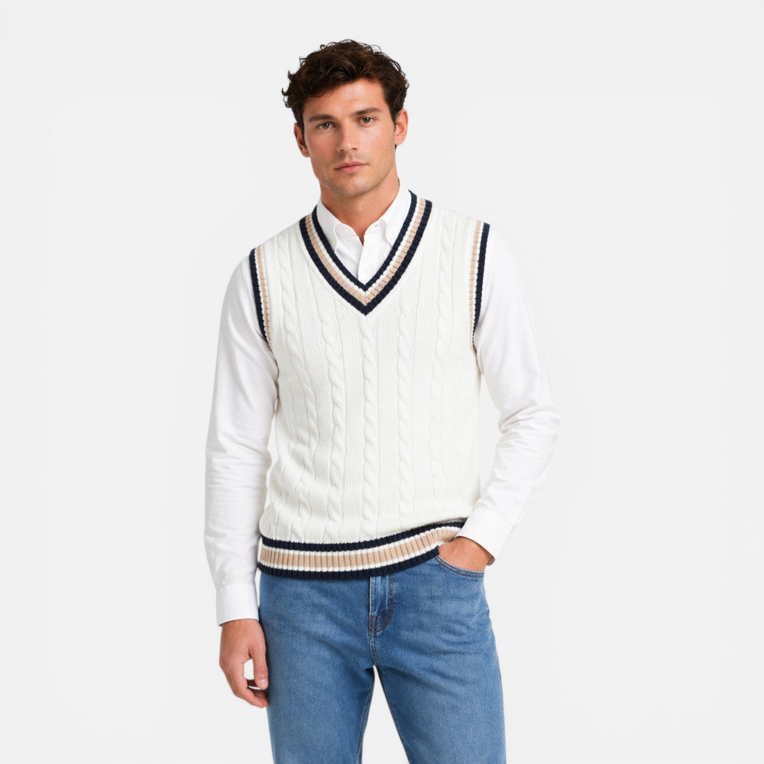 Men's Wool Cable Knit V Neck Sweater Vest for Business Casual Wear