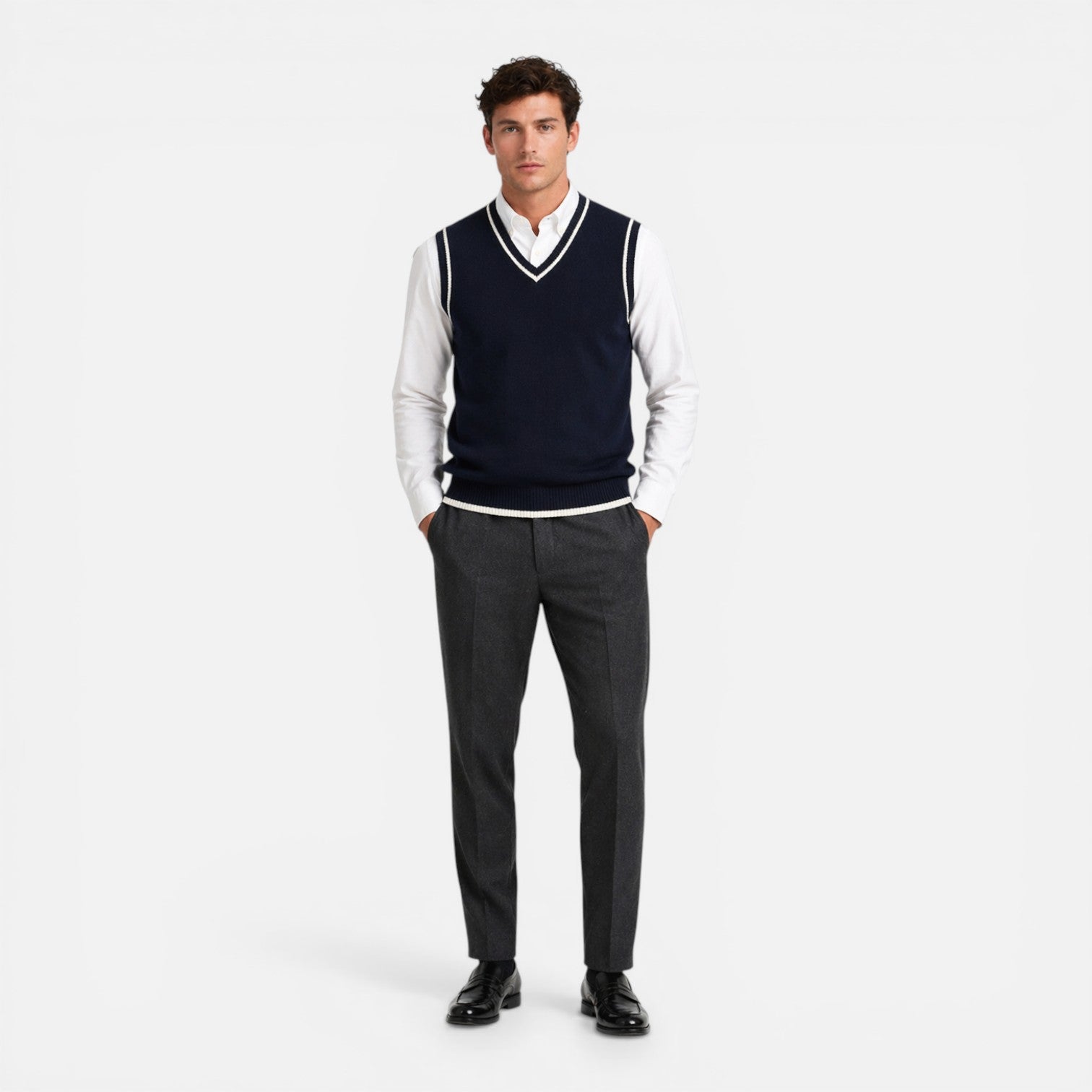 Men's Wool Cable Knit V Neck Sweater Vest for Business Casual Wear