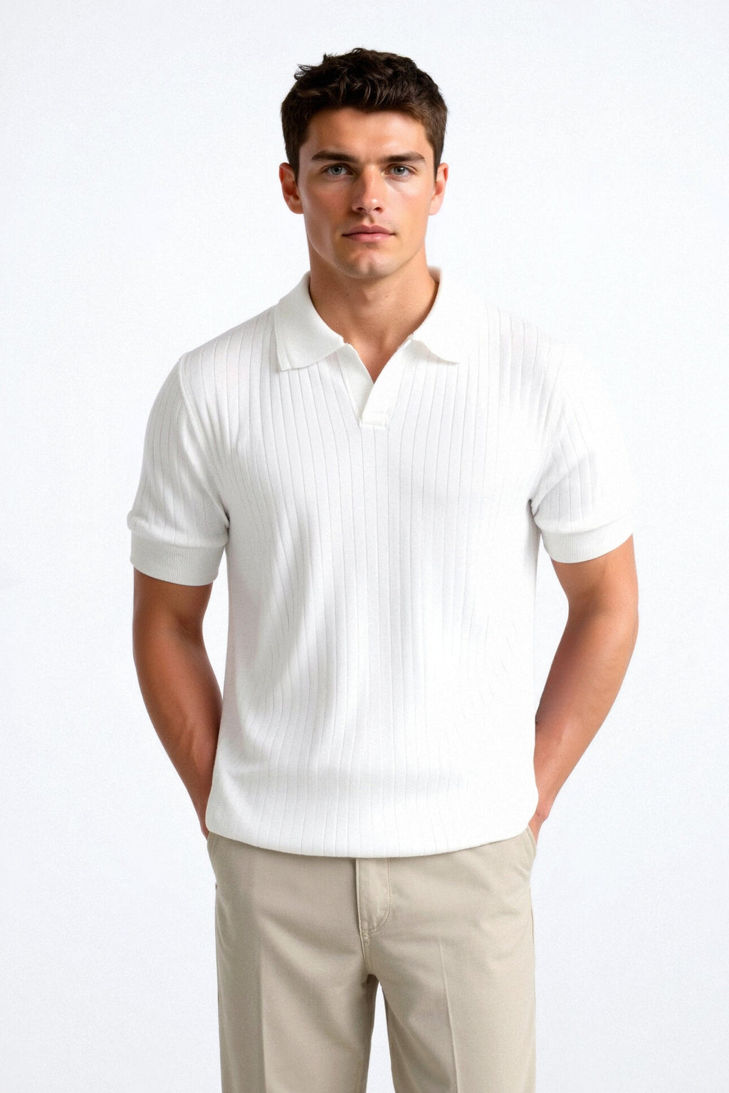 Ribbed Cotton Polo Shirt for Men - Casual Wear, Short Sleeve, Classic Fit