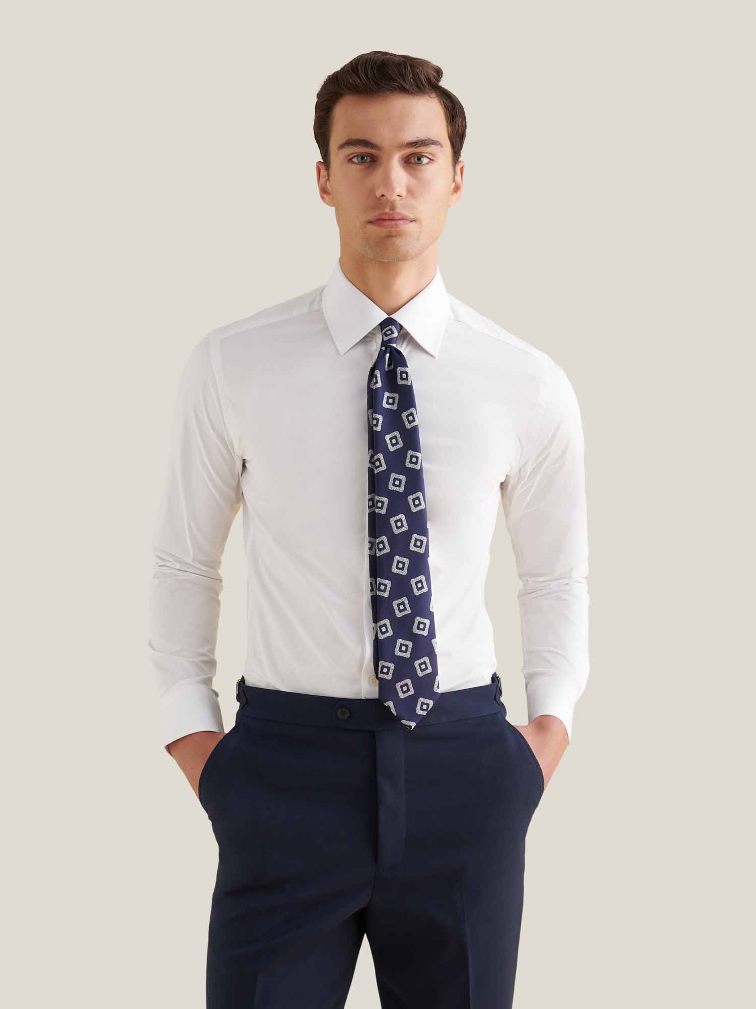 Slim Fit Cotton Poplin High Collar Shirt for Men in Bright White