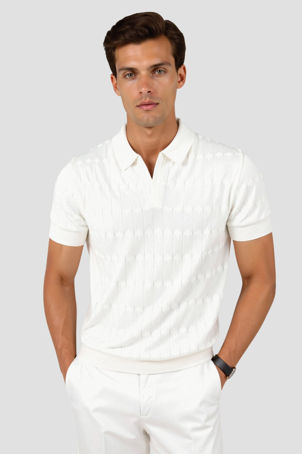 V-Neck Cable Knit Polo Shirt - Premium Cotton Blend - Casual Wear for Men