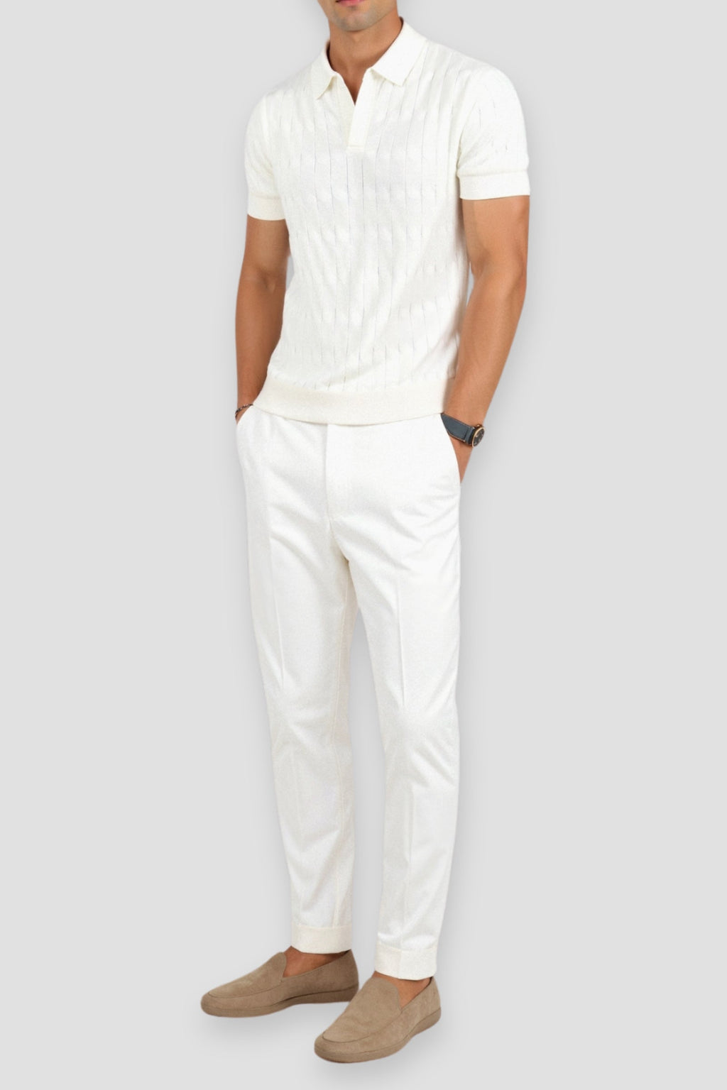 V-Neck Cable Knit Polo Shirt - Premium Cotton Blend - Casual Wear for Men