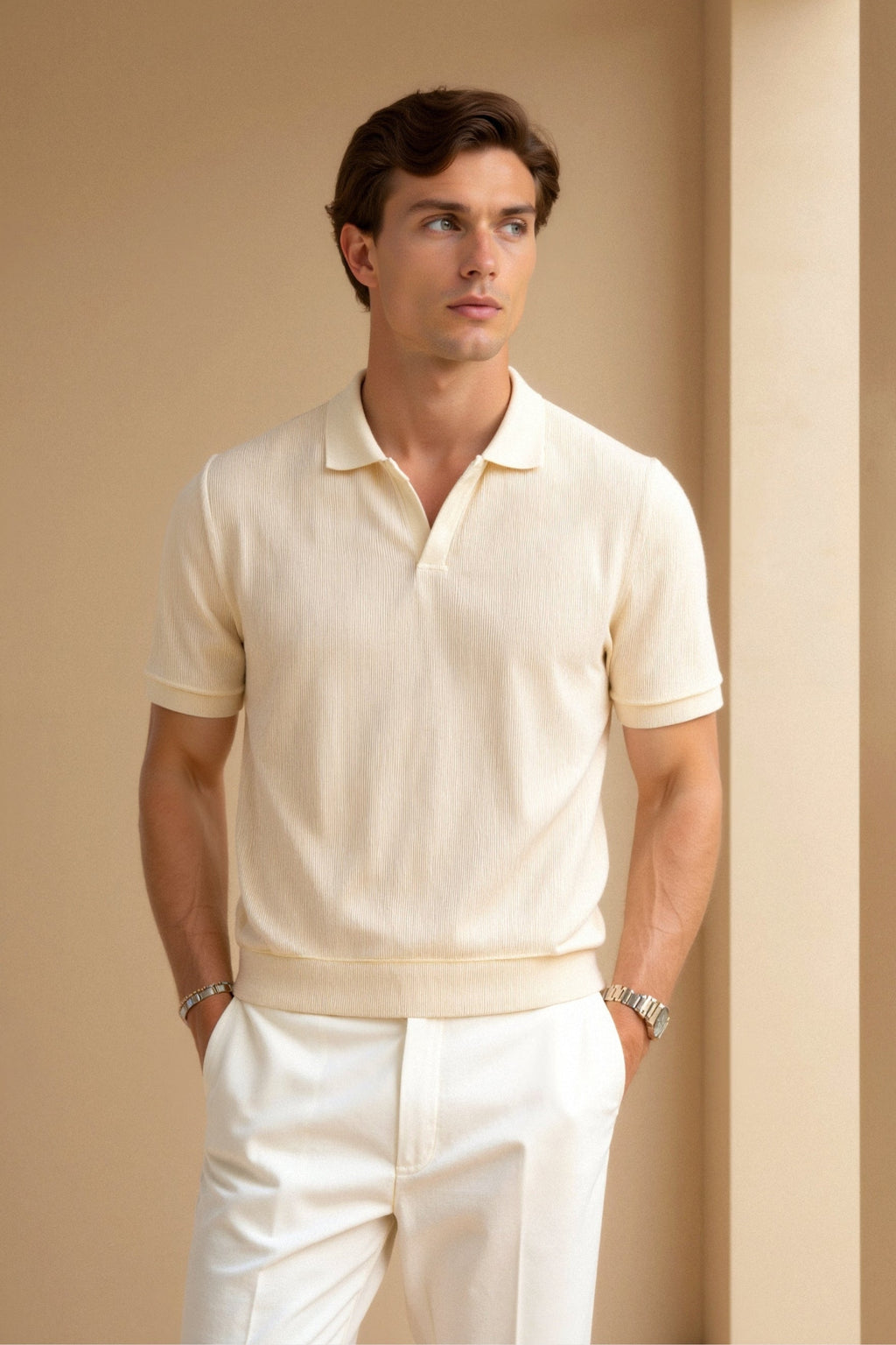 Wool Polo T-Shirt with Textured Structure for Casual Wear